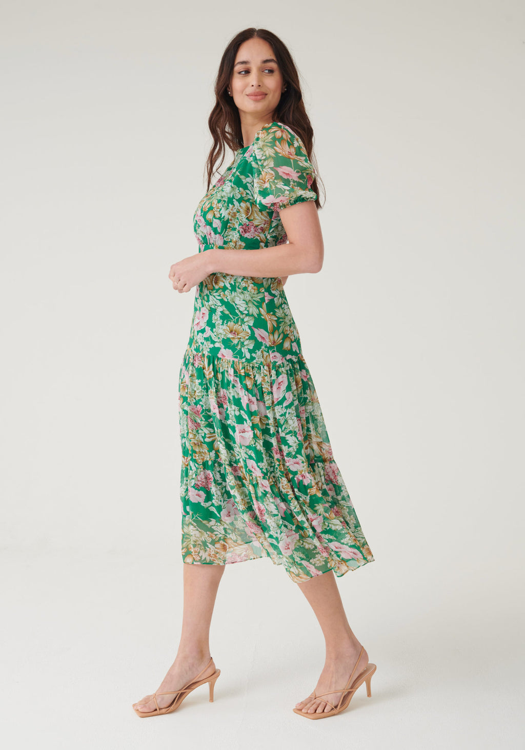 Short Sleeve Midi Dress - Green Floral ...